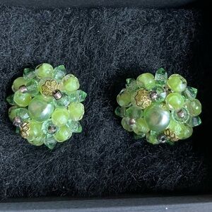 Vintage Germany Green‎ Cluster Beaded Clip on Earing